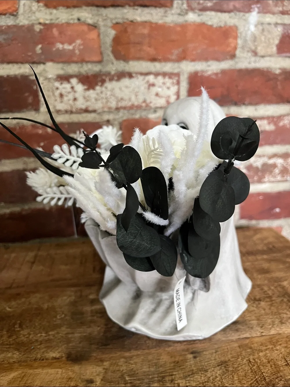 White ghost  Floral Centerpiece with Black Feather Accents